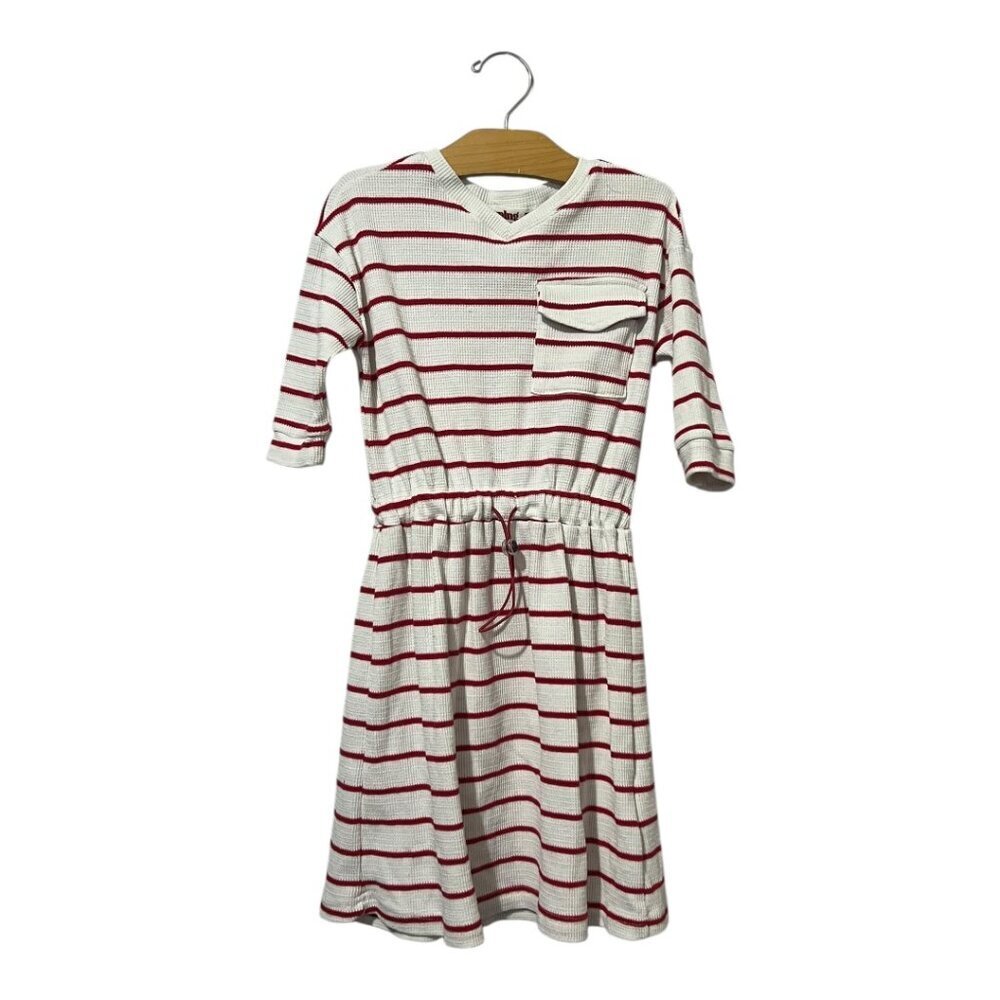 Melange Girls Dress Size 8 Red White Stripes Elastic Drawstring Waist V Neck
